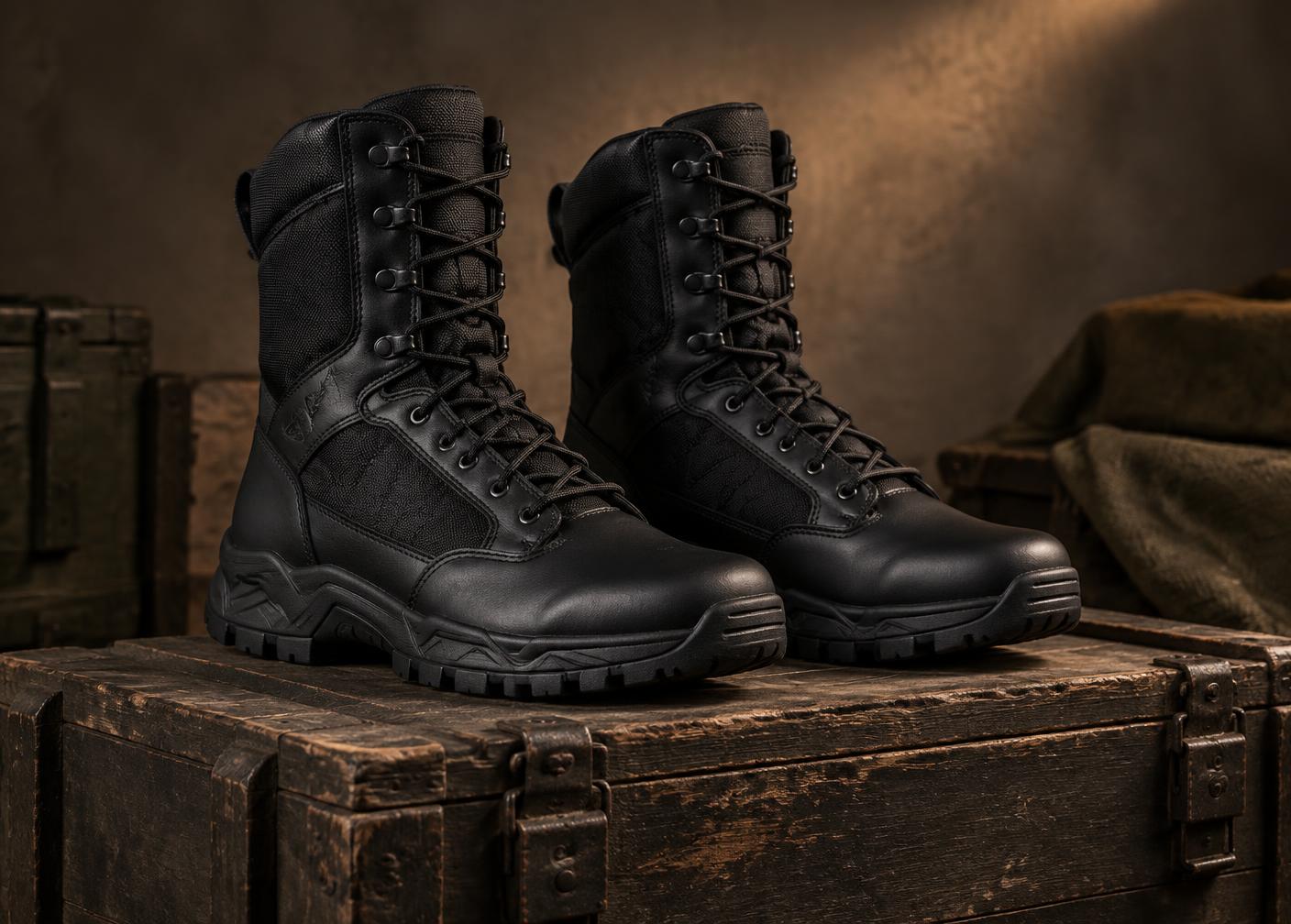 Premium black tactical boots on a field crate