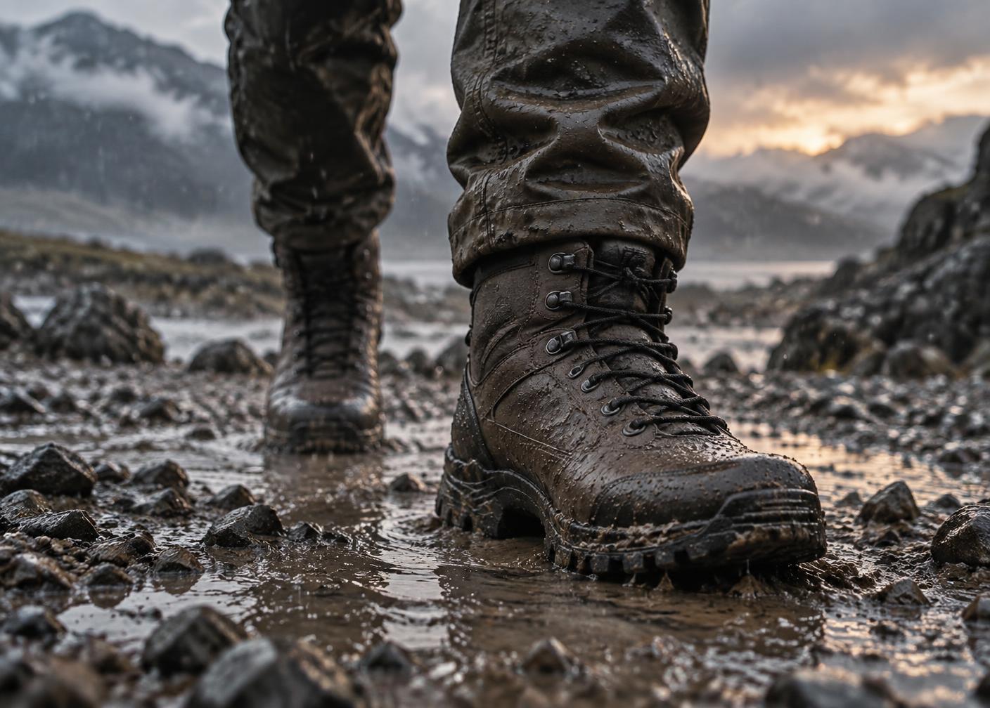 Tactical boots moving through wet, demanding terrain